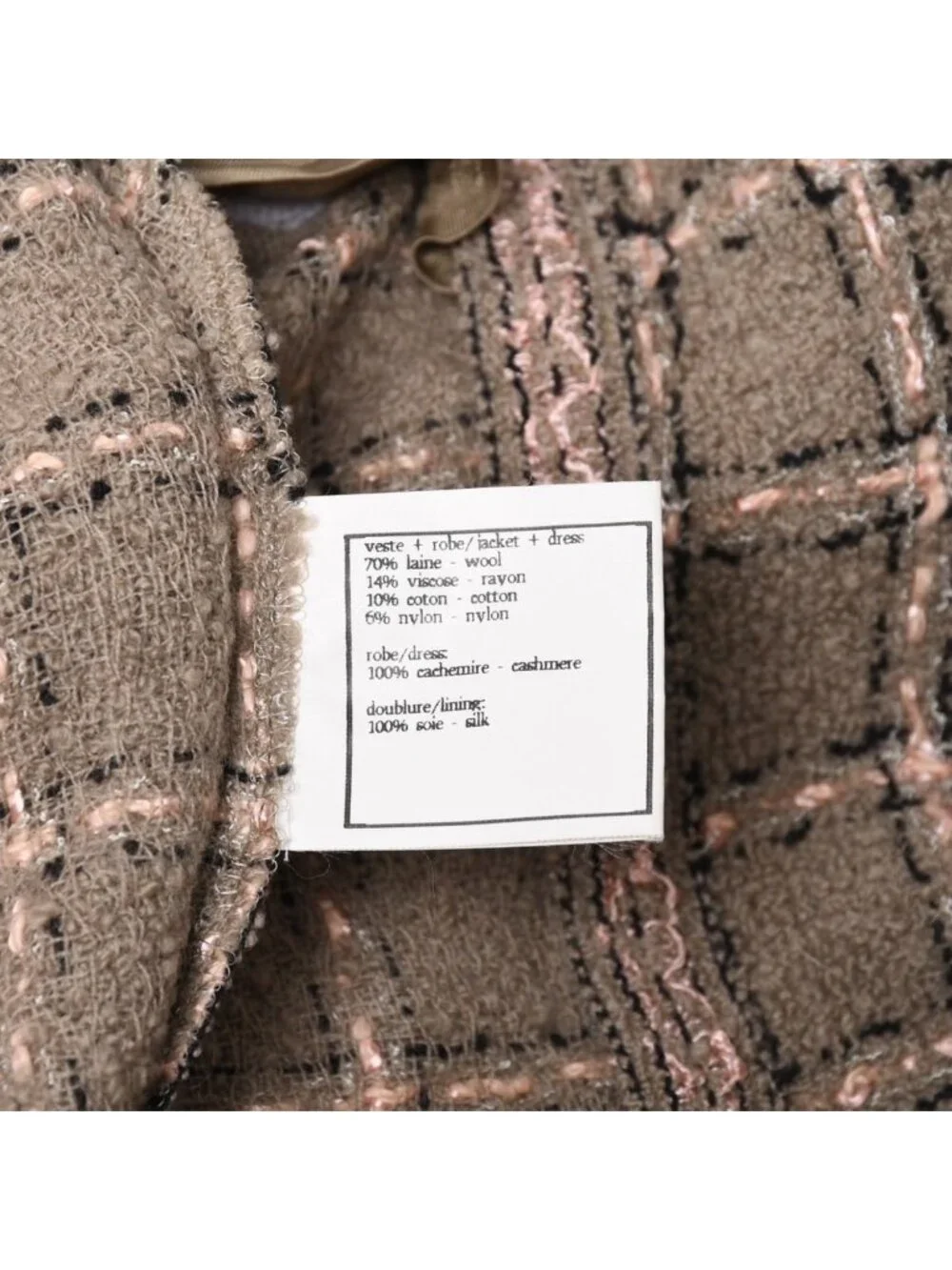 Chanel Tweed Tailored Jacket CC Logo Wool Khaki Pink Black